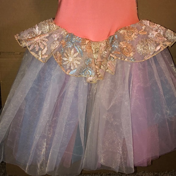 Coral &Gold Ballet One Piece with tulle/ w Flower - Picture 4 of 5